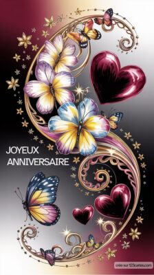 Carte d'anniversaire avec des papillons, des cœurs et le texte Joyeux Anniversaire au centre, sur un fond doux.