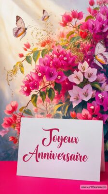 Carte d'anniversaire avec des fleurs en arrière-plan et le texte Joyeux Anniversaire en grandes lettres sur un fond blanc.