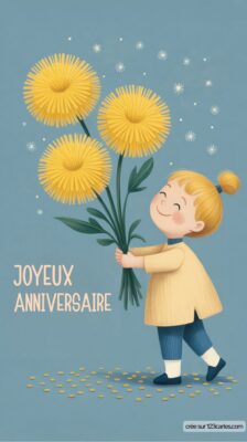 Une petite fille souriante tient un bouquet de fleurs. À gauche, le texte Joyeux Anniversaire est inscrit.