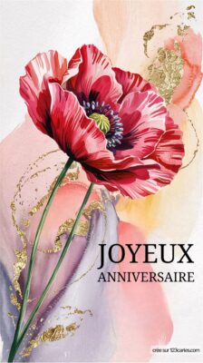 Image d'une carte d'anniversaire avec une fleur de coquelicot et le texte Joyeux Anniversaire en noir sur fond doux.
