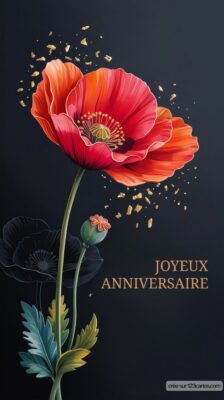 Carte d'anniversaire avec une grande fleur, pétales en dégradé, et le texte Joyeux Anniversaire en doré sur un fond sombre.