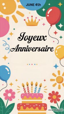 Carte d'anniversaire avec des ballons, des fleurs et un gâteau à quatre bougies. Inscription Joyeux Anniversaire en grand.