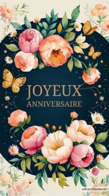Carte d'anniversaire avec le texte Joyeux Anniversaire, entouré de fleurs et de papillons sur fond foncé.
