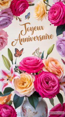 Bouquet de roses et de lys avec des papillons, accompagné du texte Joyeux Anniversaire en lettres élégantes.