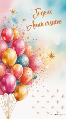 Carte d'anniversaire avec des ballons de différentes tailles et une étoile brillante, accompagnée du message Joyeux Anniversaire.