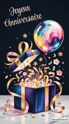 Une boîte cadeau ouverte avec des confettis et un ballon flottant, accompagnée de l'inscription Joyeux Anniversaire.