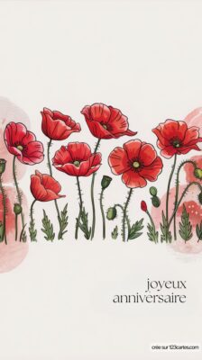 Carte d'anniversaire avec des coquelicots et des fleurs stylisées, accompagnée du texte joyeux anniversaire en bas à droite.
