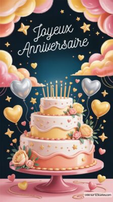 Carte d'anniversaire avec un gâteau à étages, des roses et des ballons en forme de cœur sur un fond festif.