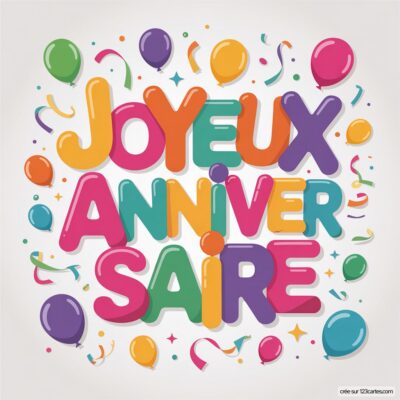 Texte festif 'Joyeux Anniversaire' entouré de ballons, confettis et étoiles scintillantes pour célébrer cette journée.