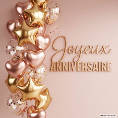 Un bouquet de ballons en forme d'étoiles et de cœurs avec le texte Joyeux Anniversaire en relief sur fond pastel.