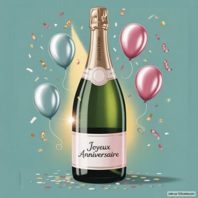 Bouteille de champagne avec l'inscription Joyeux Anniversaire, entourée de ballons et de confettis festifs.