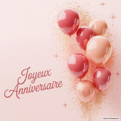 Une composition festive avec des ballons rose et pêche, accompagnée du texte Joyeux Anniversaire sur fond pastel.