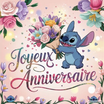 Stitch, tient un bouquet de fleurs multicolores avec le texte Joyeux Anniversaire en arrière-plan.