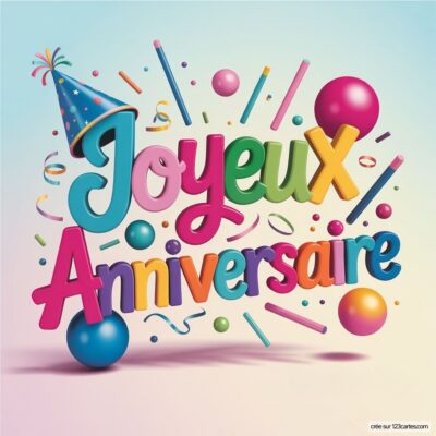 Texte festif 'Joyeux Anniversaire' entouré de confettis, ballons et un chapeau de fête, évoquant une célébration joyeuse