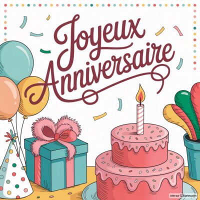 Félicitations avec des ballons, un gâteau rose décoré et des cadeaux, le tout pour célébrer un joyeux anniversaire.
