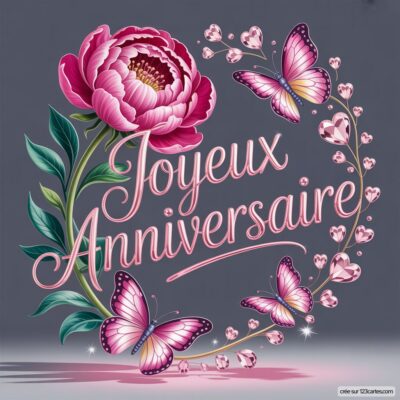 Fleurs en rose et papillons volants entourent le texte Joyeux Anniversaire sur un fond gris élégant.