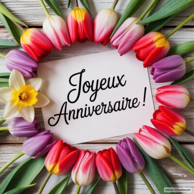 Un bouquet de tulipes entoure un message avec 