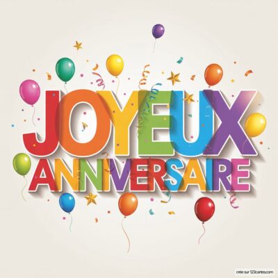 Texte festif 'Joyeux Anniversaire' en lettres multicolores, entouré de ballons et de confettis sur un fond clair.