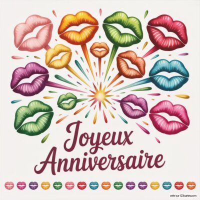 Multiples baisers stylisés de différentes couleurs entourent le message Joyeux Anniversaire, accompagné d'une étoile éclatante.