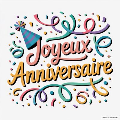 Texte 'Joyeux Anniversaire' entouré de confettis et de serpentins, avec un chapeau de fête.