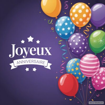 Ballons colorés flottent sur un fond violet, avec Joyeux Anniversaire en lettres blanches entourées d'étoiles et de confettis.