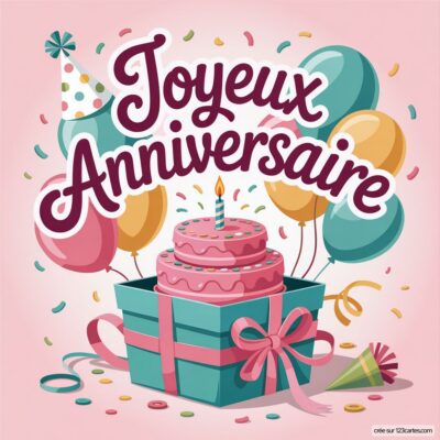 Un gâteau d'anniversaire à deux étages avec bougie, entouré de ballons et de confettis, pour souhaiter un joyeux anniversaire.