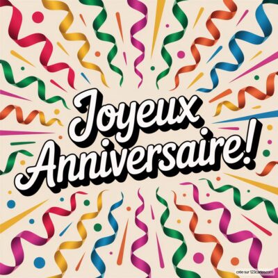 Fond clair avec des confettis et des serpentins multicolores, avec le message Joyeux Anniversaire! en grand.