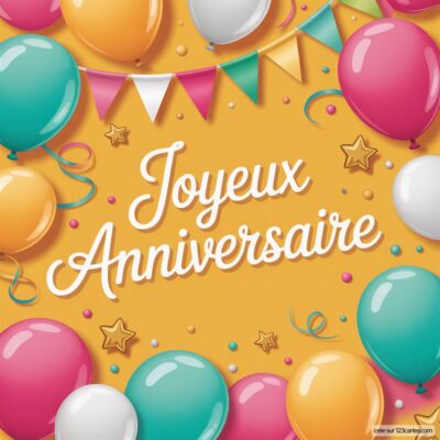 Ballons et fanions colorés entourent le texte Joyeux Anniversaire sur un fond jaune festif, créant une ambiance joyeuse.