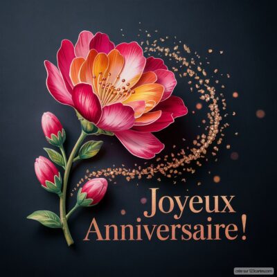 Fleur éclatante avec des pétales roses et orange, entourée de paillettes dorées et du texte Joyeux Anniversaire !