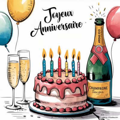 Gâteau d'anniversaire avec des bougies allumées, flûtes de champagne et ballons, le tout pour célébrer joyeusement un anniversaire.