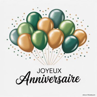 Douze ballons de couleurs vert, doré et bleu flottent au-dessus de la mention Joyeux Anniversaire en lettres élégantes.