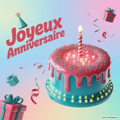 Gâteau d'anniversaire avec une bougie allumée, décoré de glaçage rose et de vermicelles, entouré de cadeaux et de confettis.