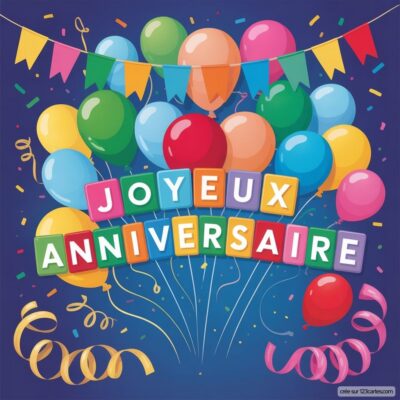 Ballons festifs et guirlandes colorées entourent le message Joyeux Anniversaire, célébrant une journée spéciale.