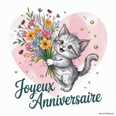 Un chaton joyeux tient un bouquet de fleurs, sur un fond en forme de cœur. Joyeux anniversaire !