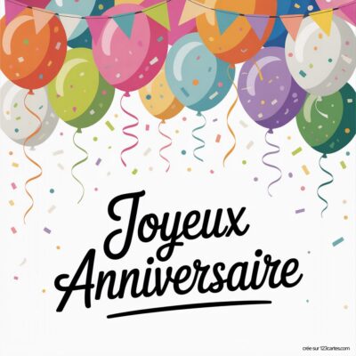 Ballons aux couleurs variées et confettis découpés, avec le texte Joyeux Anniversaire en grande écriture joyeuse.