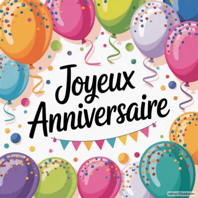 Ballons colorés et confettis entourent le texte Joyeux Anniversaire avec des guirlandes festives en arrière-plan.