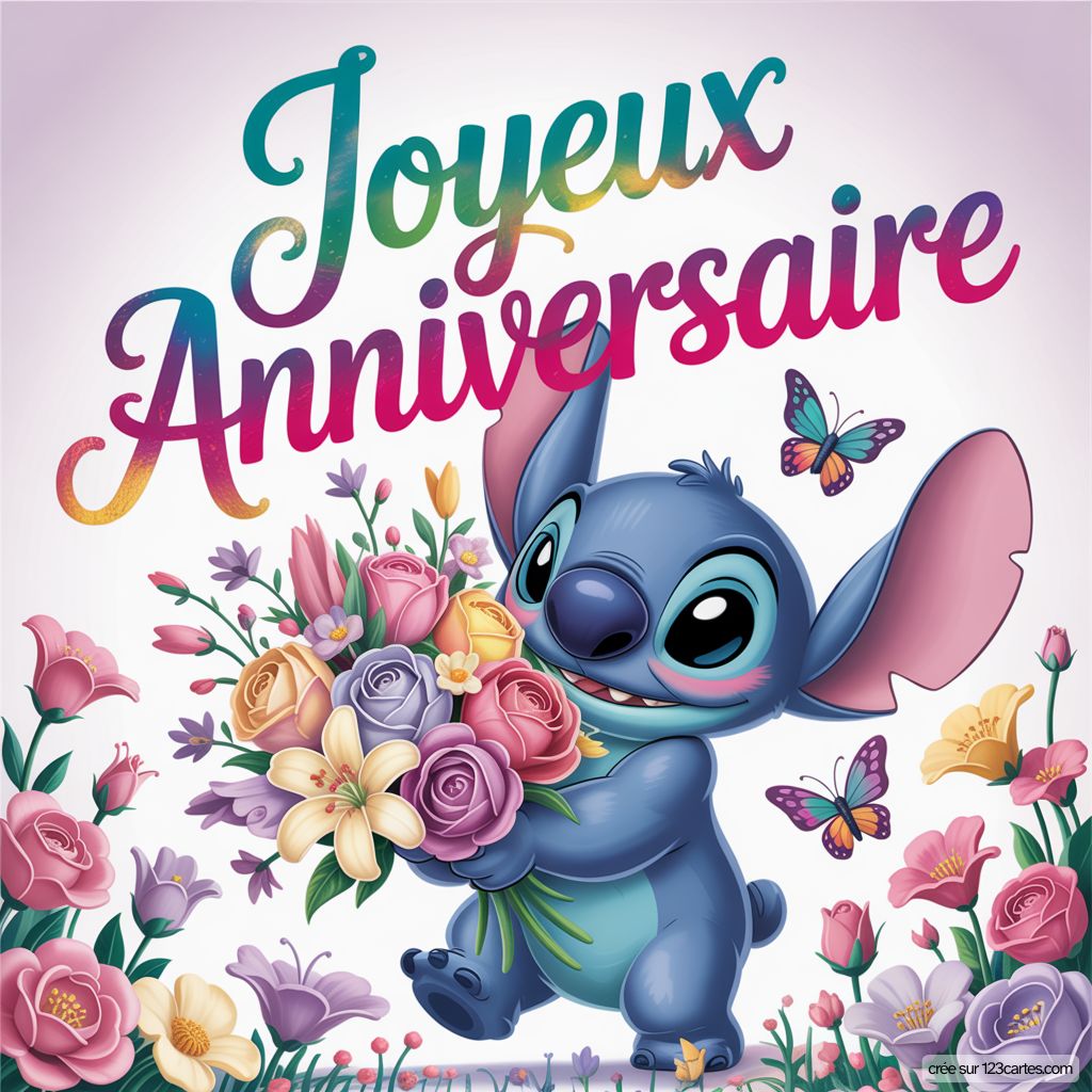 Carte Anniversaire Stitch Bouquet Fleurs