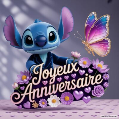 Carte virtuelle d'anniversaire avec Stitch, un extraterrestre bleu souriant, entouré de fleurs et d'un papillon coloré. Texte : Joyeux Anniversaire.