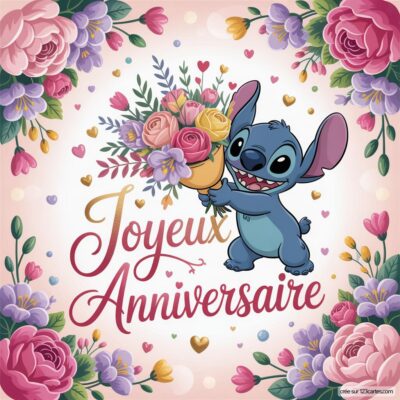 Stitch, le personnage bleu, tient un bouquet de fleurs colorées avec le texte « Joyeux Anniversaire » entouré de roses et cœurs.