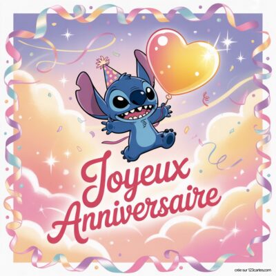 Carte d'anniversaire colorée avec Stitch, un personnage bleu, tenant un cœur en ballon et entouré de nuages et de confettis.
