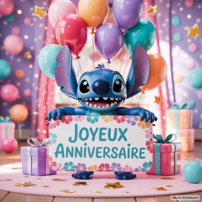 Un personnage de Stitch souriant tient une pancarte « Joyeux Anniversaire » entouré de ballons et de cadeaux colorés.