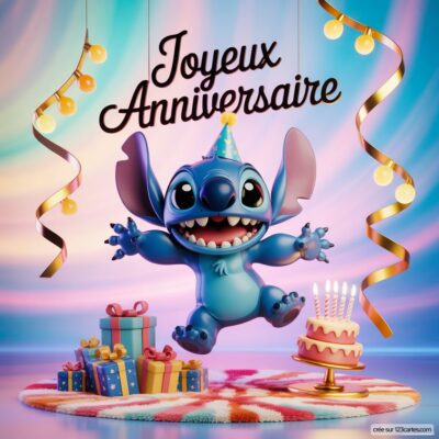 Carte d'anniversaire avec Stitch, joyeux et souriant, entouré de cadeaux colorés et d'un gâteau à plusieurs bougies.