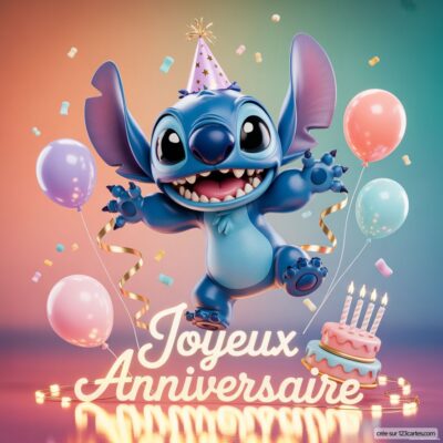 Carte d'anniversaire joyeuse avec Stitch souriant, des ballons colorés et un gâteau, accompagnée de la phrase Joyeux Anniversaire.
