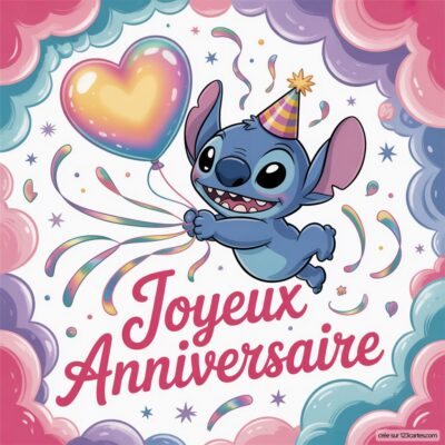 Carte d'anniversaire avec Stitch portant un chapeau de fête, tenant un ballon en forme de cœur et entouré de confettis.