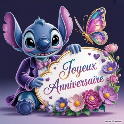 Image de Stitch en costume avec un panneau Joyeux Anniversaire orné de fleurs colorées et d'un papillon en arrière-plan.