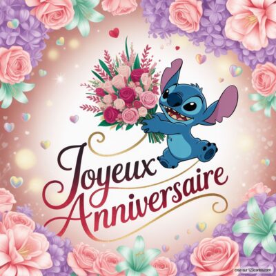 Image colorée d'anniversaire avec Stitch, un alien bleu souriant, tenant un bouquet de fleurs roses. Texte : Joyeux Anniversaire.