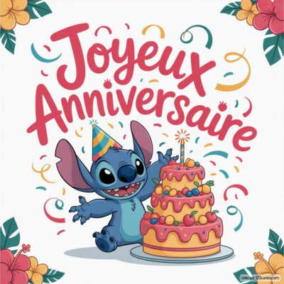 Carte d'anniversaire colorée avec Stitch, personnage joyeux portant un chapeau de fête, devant un gâteau décoré.