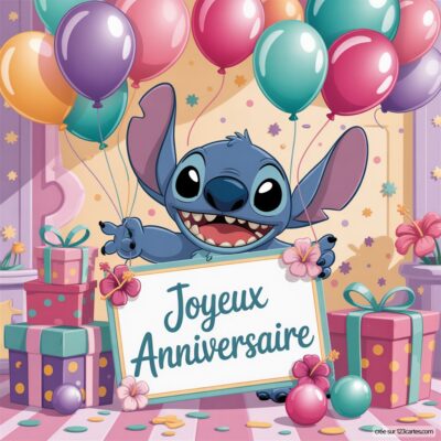 Stitch, personnage de dessin animé, sourit en tenant une pancarte Joyeux Anniversaire entouré de ballons et de cadeaux colorés.