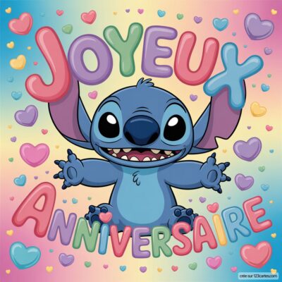 Carte d'anniversaire colorée avec Stitch, un personnage joyeux, entouré de cœurs et des mots Joyeux Anniversaire.