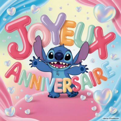 Carte d'anniversaire colorée avec Stitch, le personnage bleu, souriant et tenant Joyeux Anniversaire en lettres festives.